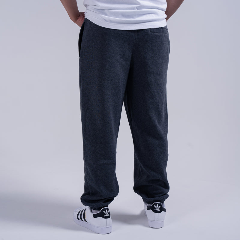 Men's charcoal fleece sweatpants with cuffed hems and stitched side seams