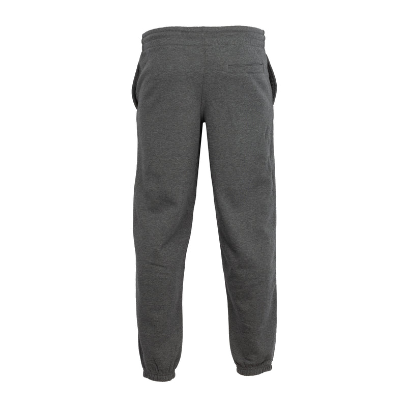 Men's charcoal fleece sweatpants, back view, elastic waistband and tapered legs