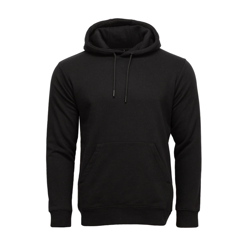 Men's black fleece pullover hoodie with hood, drawstring, and kangaroo pocket.