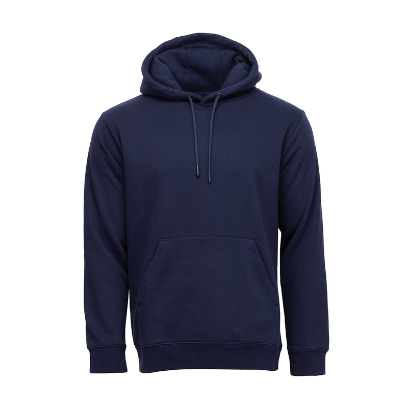Men’s navy fleece pullover hoodie with hood, drawstring and front kangaroo pocket