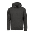 Men's charcoal fleece pullover hoodie with hood and drawstring, kangaroo pocket.