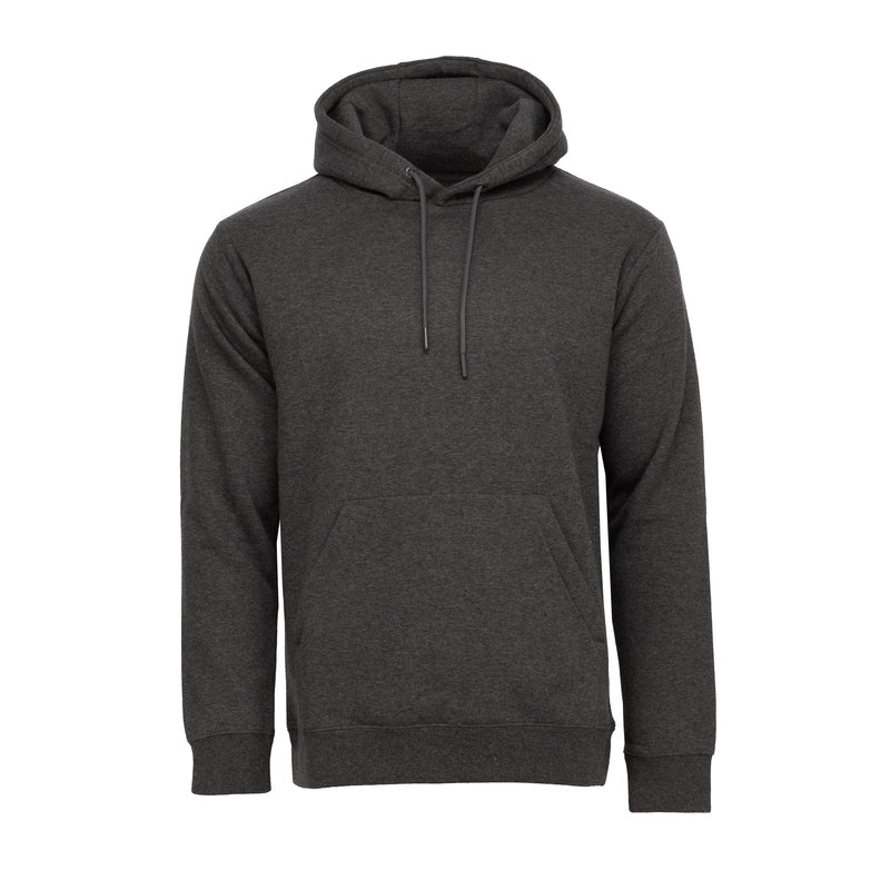 Men's charcoal fleece pullover hoodie with hood and drawstring, kangaroo pocket.