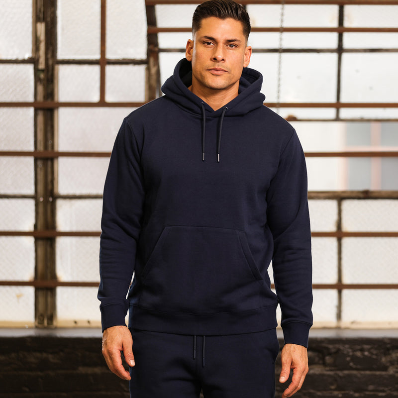Men’s navy fleece pullover hoodie, front view with hood and drawstring
