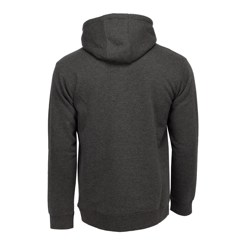 Men's charcoal fleece pullover hoodie, rear view with hood and drawstring.