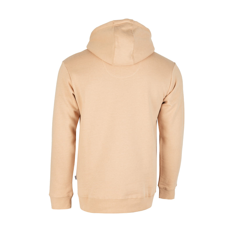 Men's hemp tan fleece pullover hoodie, back view with hood and ribbed cuffs