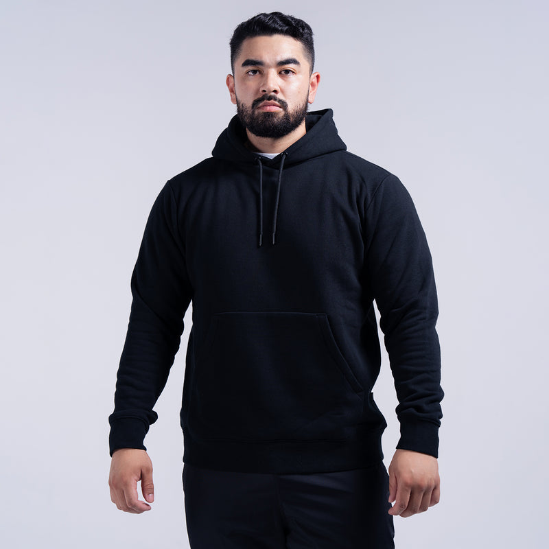 Black fleece pullover hoodie with front kangaroo pocket and hood with drawstring.