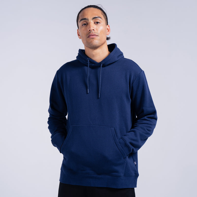 Men’s navy fleece pullover hoodie, close front view with hood drawstrings