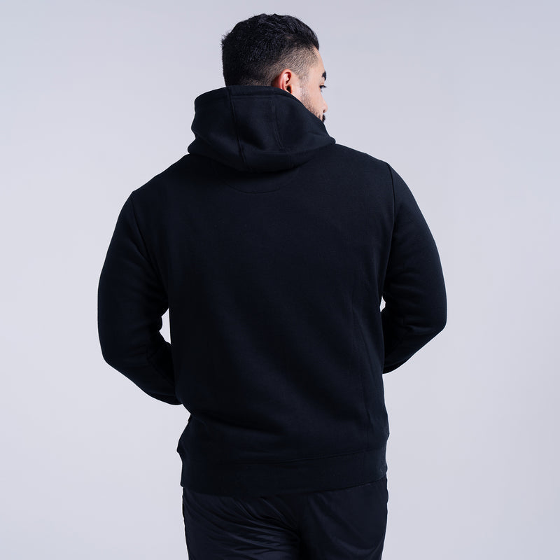 Black fleece pullover hoodie shown from the back with attached hood.