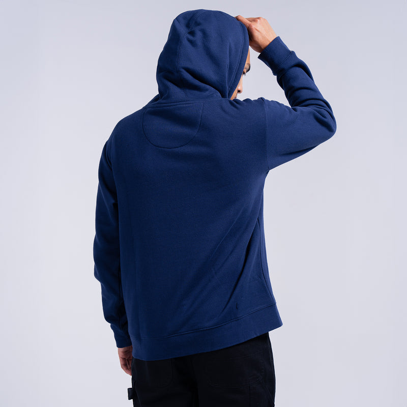 Men’s navy fleece pullover hoodie on model, back view with hood