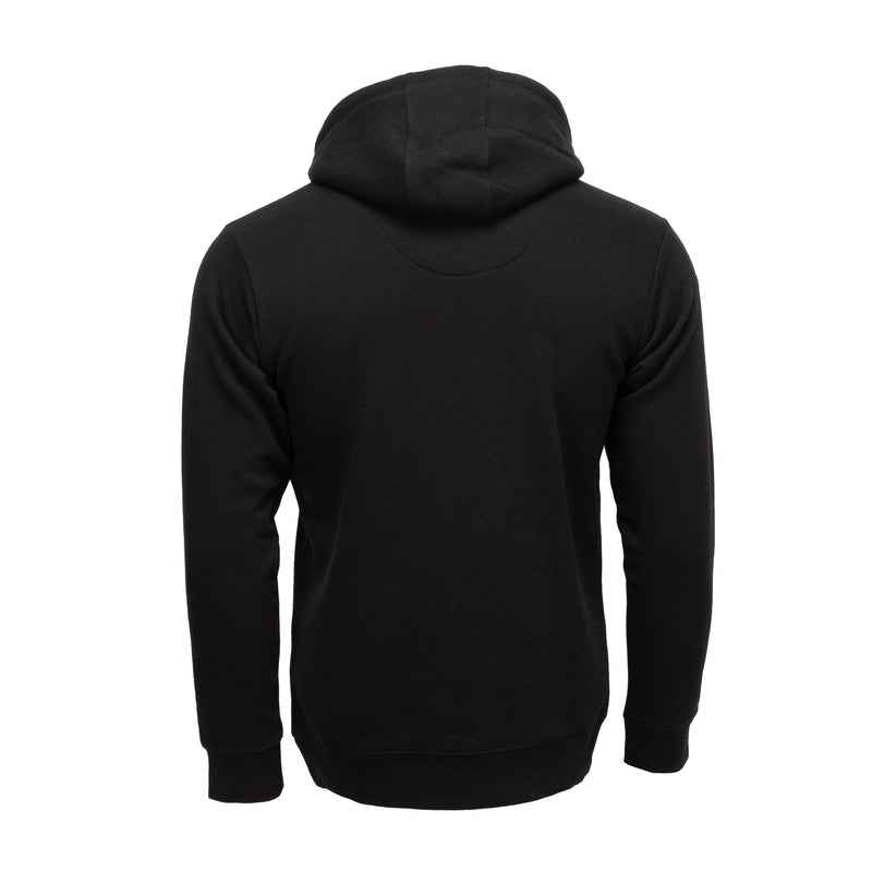 Black fleece pullover hoodie back view, with attached hood and full sleeves.