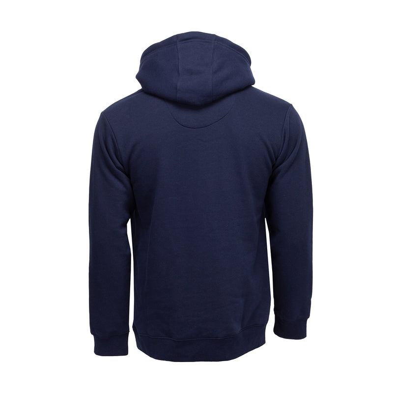 Men’s navy fleece pullover hoodie, back view