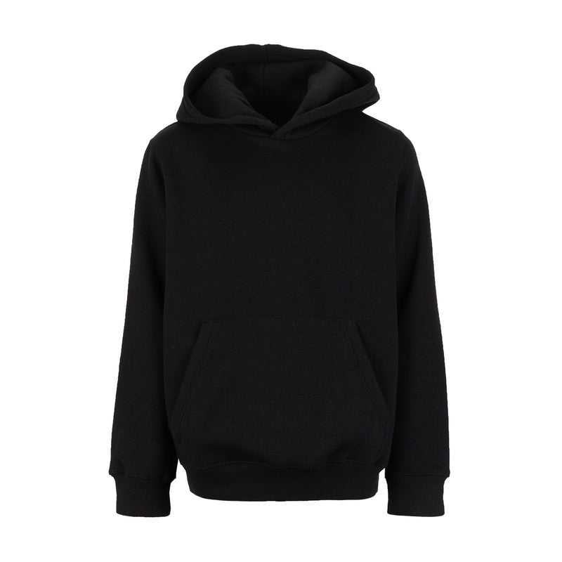 Youth black fleece pullover hoodie with front hood and kangaroo pocket