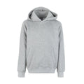 Youth heather grey fleece pullover hoodie, front view, hood with kangaroo pocket