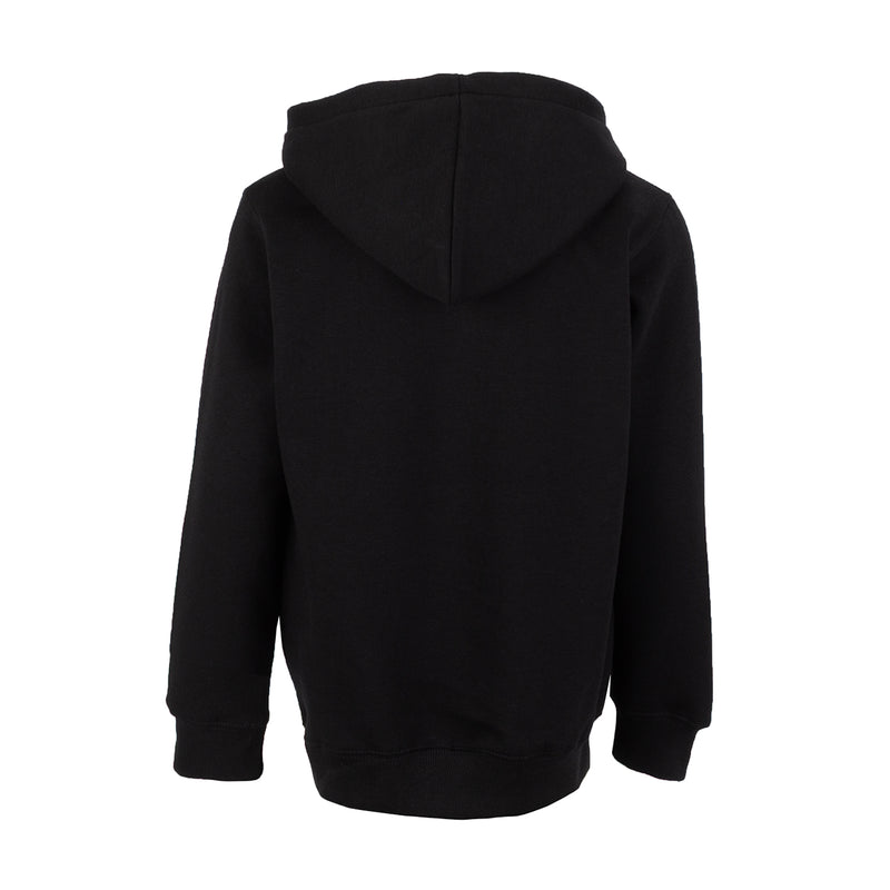 Youth black fleece pullover hoodie, back view with full hood