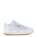 Kids Reebok white leather sneaker with gum outsole and lace-up front