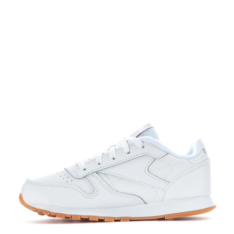 Kids white leather lace-up sneaker with light-blue lining and gum rubber sole