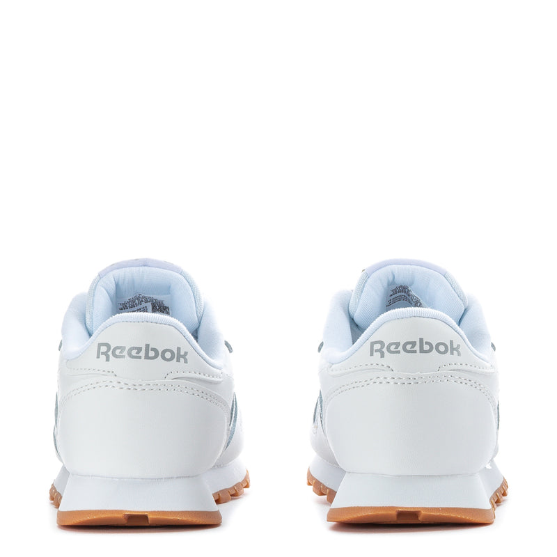 Kids Reebok white leather sneakers, heel with Reebok logo and gum sole