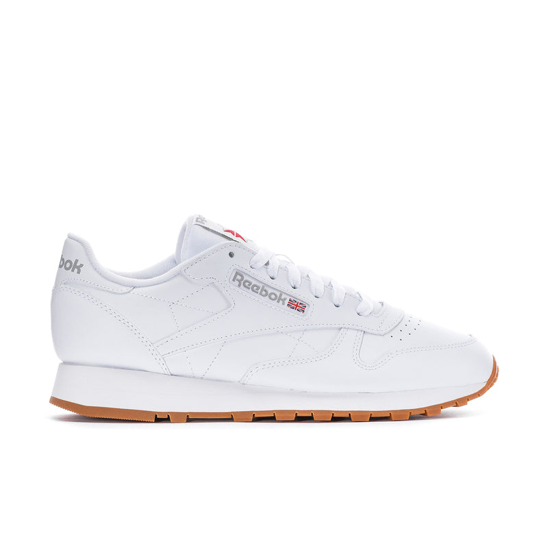 Men's white Reebok leather sneaker with white laces and gum rubber outsole