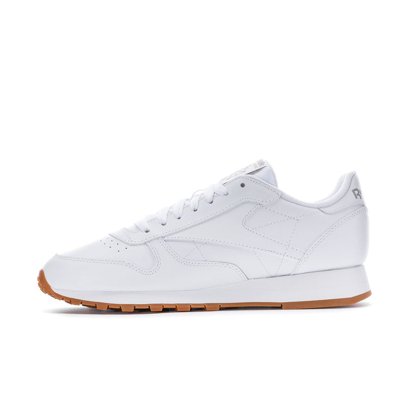 Men's white Reebok leather sneaker, lace-up low profile with gum sole