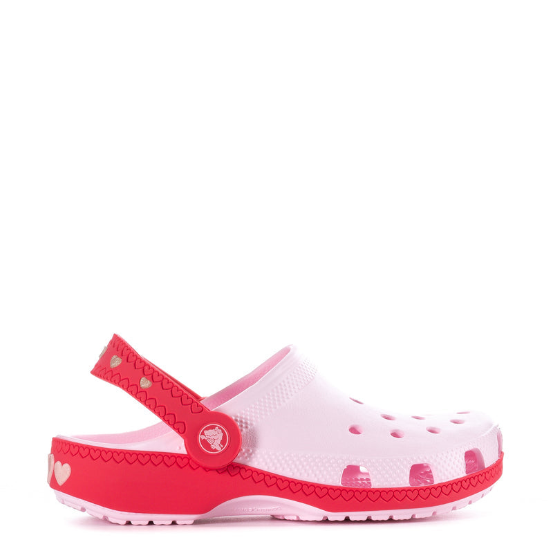 Kids heart clogs with white upper and pink/red backstrap, side cutouts