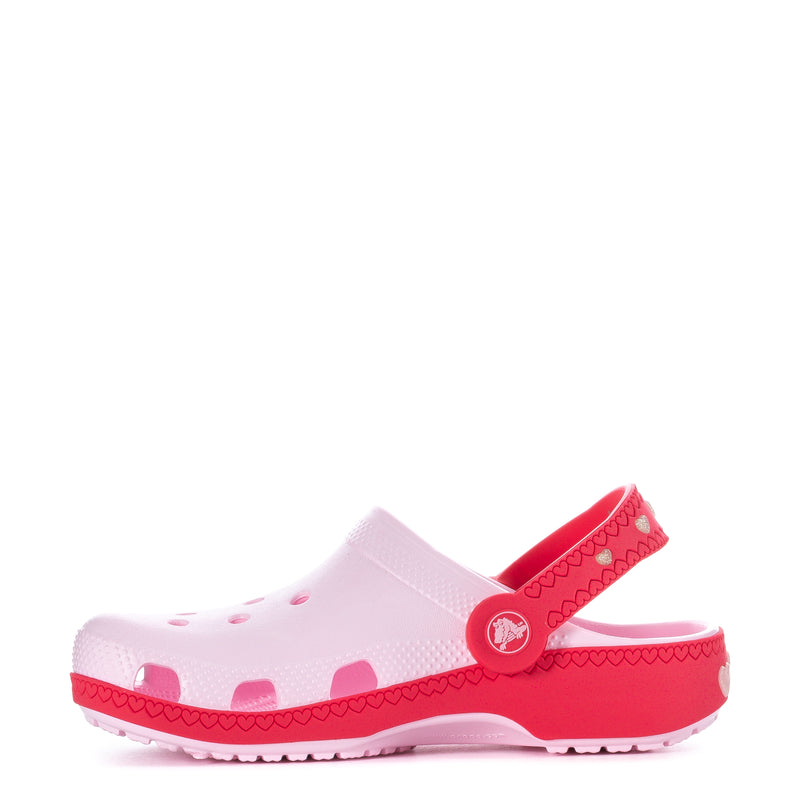 Kids white clog with pink side band, red backstrap, heart pattern and vent holes