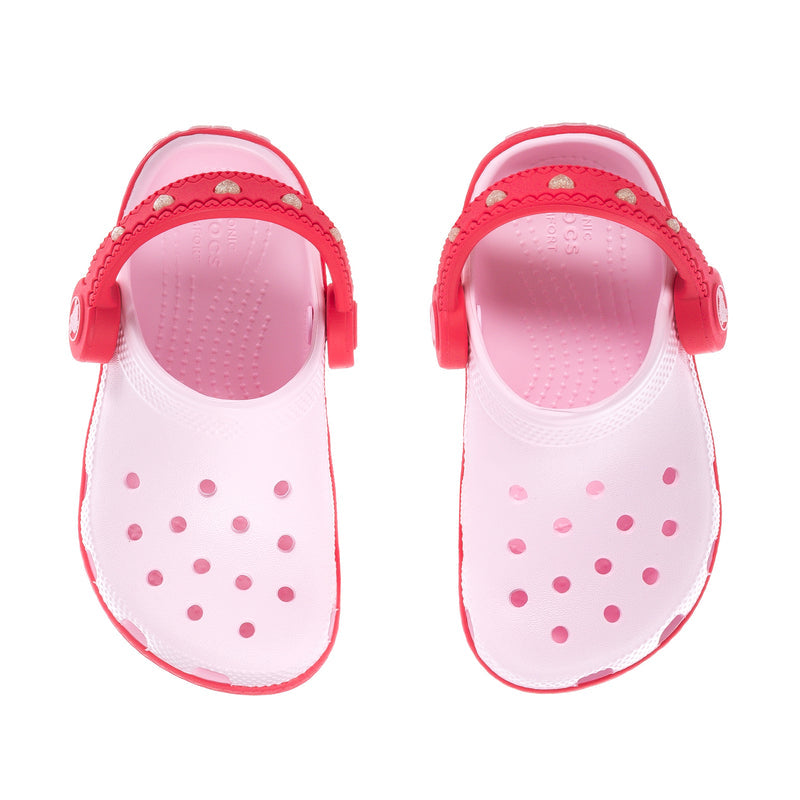 Toddler white slip-on clog with red heel strap and pink dot ventilation