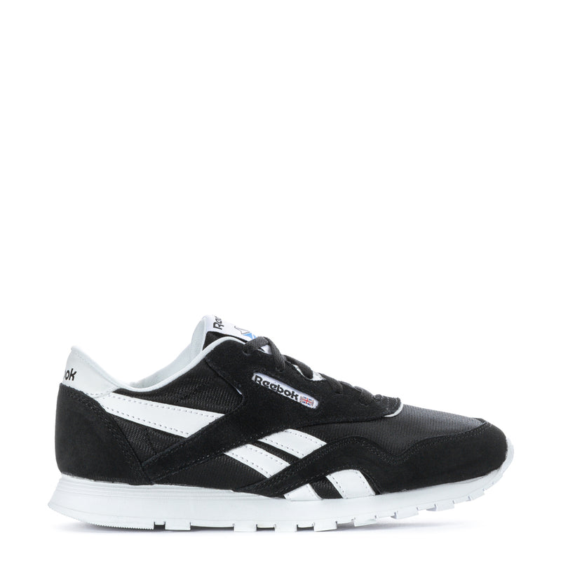 Kids' black-and-white nylon sneakers with lace-up design and Reebok logo