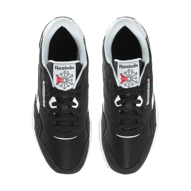 Men's black Reebok sneakers, front lace-up view with logo tongue