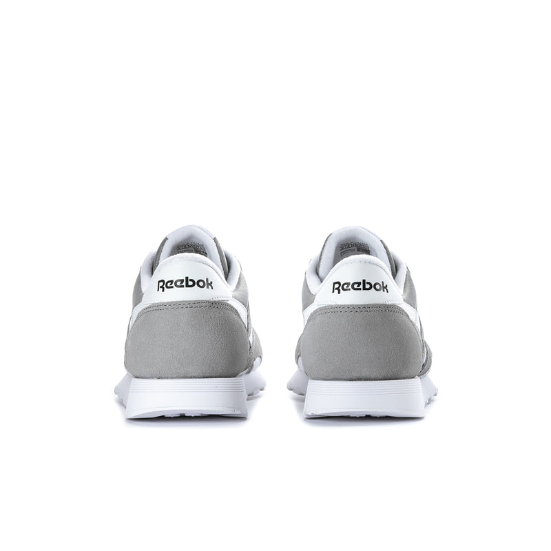 Men's Reebok Classic sneakers, dark gray with white heel tab and back view