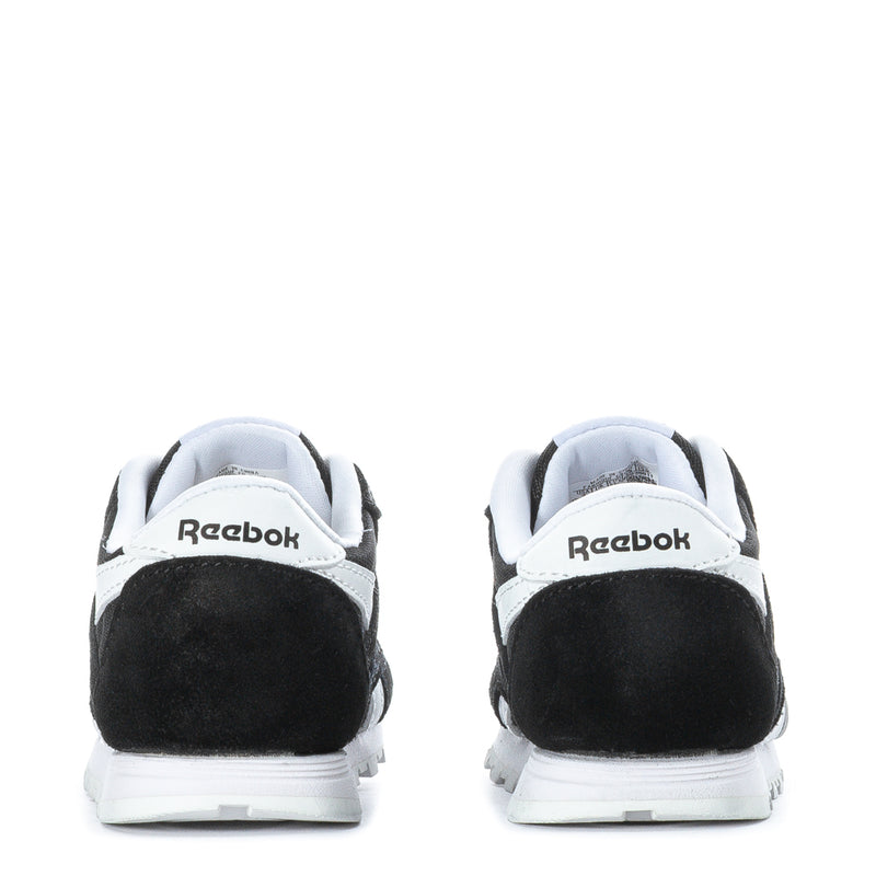 Toddler Reebok sneakers, back view with black heel panels and white sole