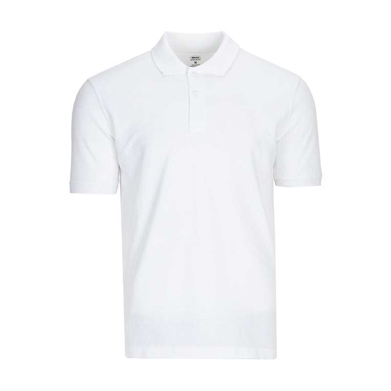 Men's white pique polo shirt with ribbed collar and button placket, short sleeves