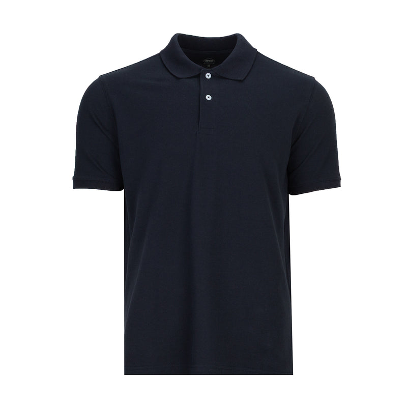 Men's navy pique polo shirt, short sleeves, buttoned collar placket