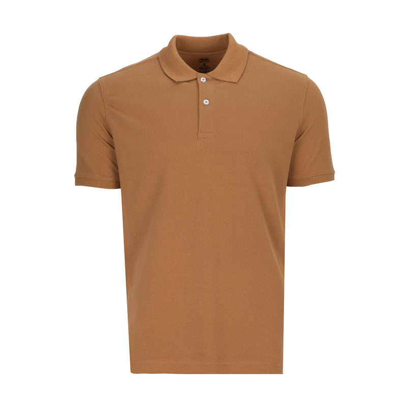 Mens pique polo in chipmunk brown, short sleeves, button collar placket