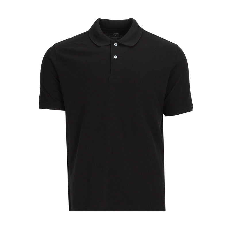 Men's black pique polo with knit collar and 3-button placket
