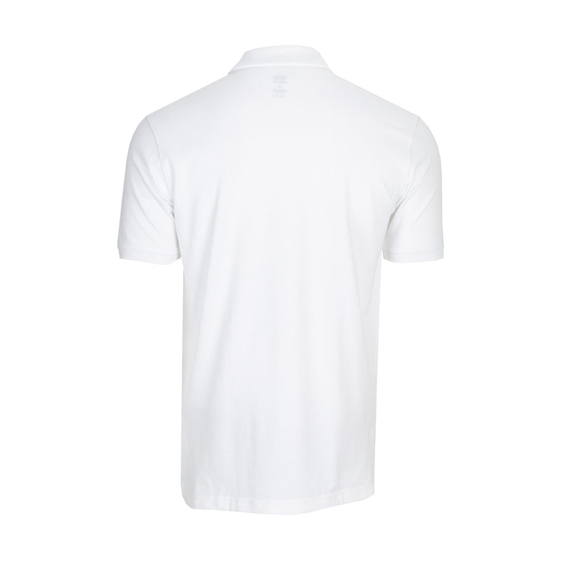 Men's white pique polo shirt, back view with short sleeves and ribbed collar