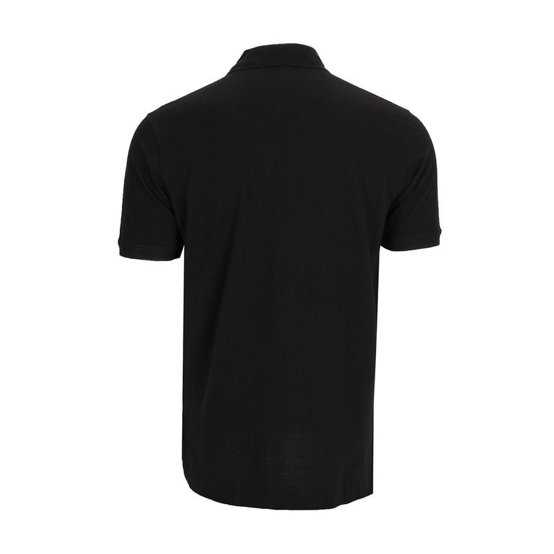 Men's black pique polo shirt, back view with short sleeves