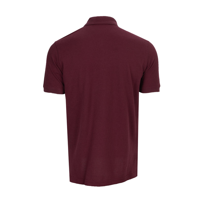 Men's dark cherry pique polo shirt, back view with ribbed collar and short sleeves