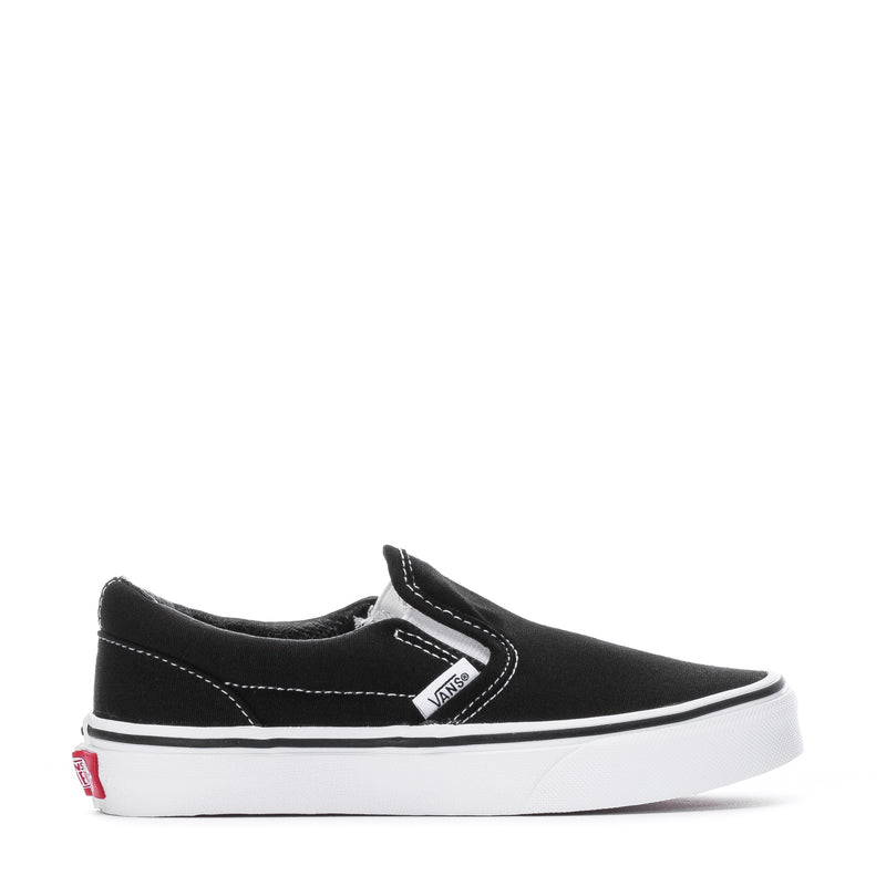 Kids black-and-white slip-on sneakers with Vans logo and white rubber sole