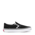 Kids black-and-white slip-on sneakers with Vans logo and white rubber sole