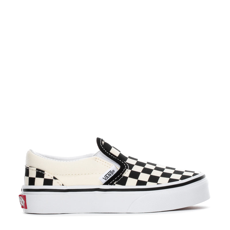 Kids slip-on sneakers with black-and-white checkerboard canvas and Vans logo