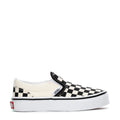 Kids slip-on sneakers with black-and-white checkerboard canvas and Vans logo