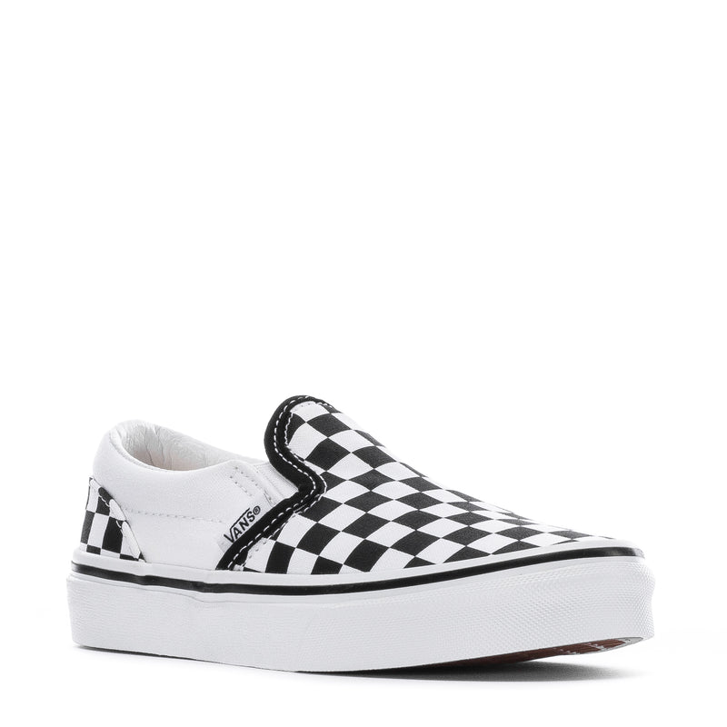 Kids slip-on sneakers, black-and-white checkerboard upper, low profile