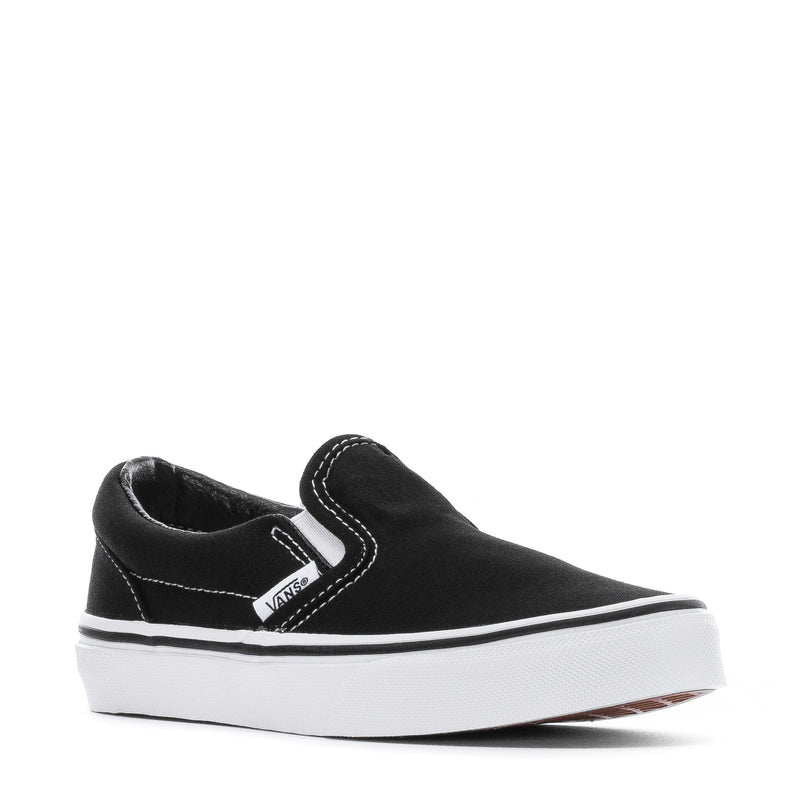 Kids black slip-on sneaker with stitched detailing, white midsole and side stripe