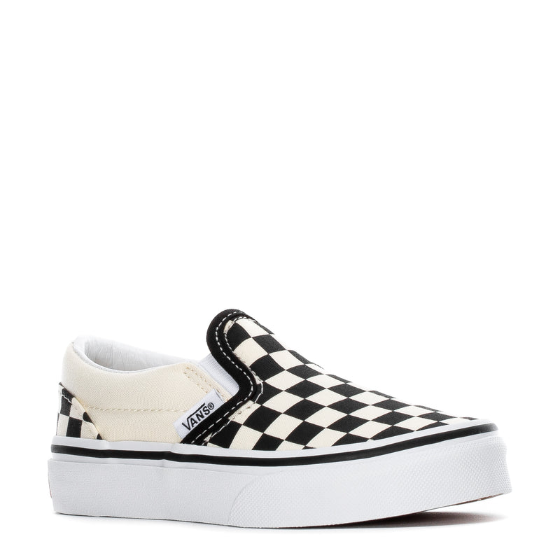 Kids slip-on sneakers with checkerboard upper and Vans side logo