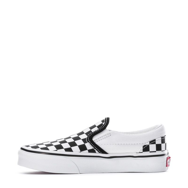 Kids slip-on sneakers, checkerboard print side and toe, white sole