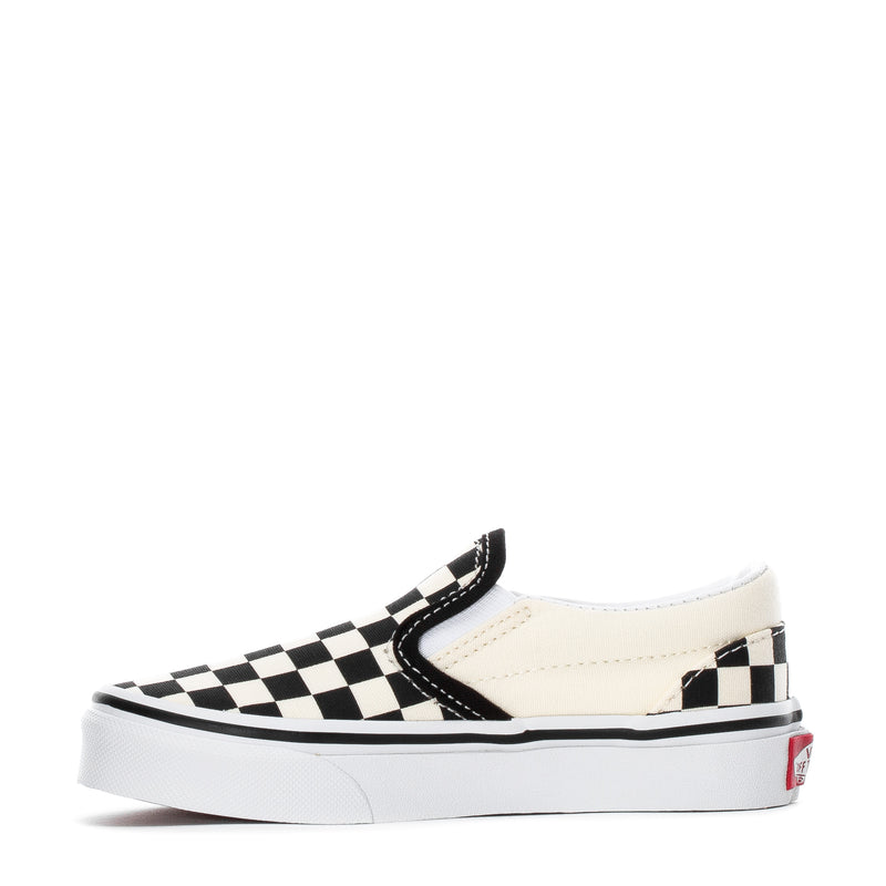 Kids slip-on sneakers with checkerboard side panel and white rubber sole
