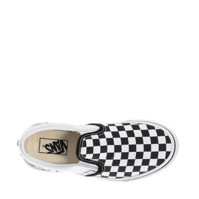 Kids slip-on sneakers, checkerboard canvas and Vans patch on heel