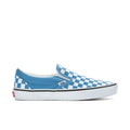 Mens slip-on sneakers with blue checkerboard canvas and white rubber sole