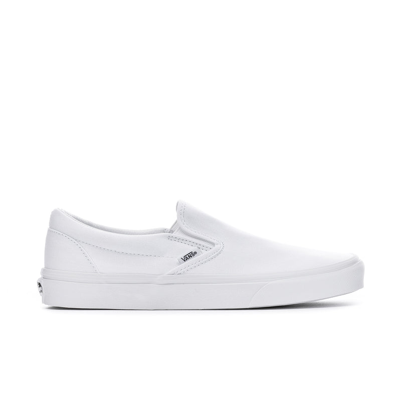 White mens slip-on sneakers with elastic gore and padded collar, VANS side logo