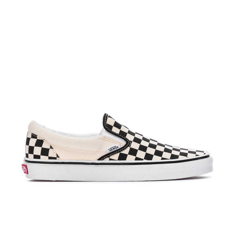 Men's Vans slip-on sneakers with black/white checkerboard upper and white rubber sole